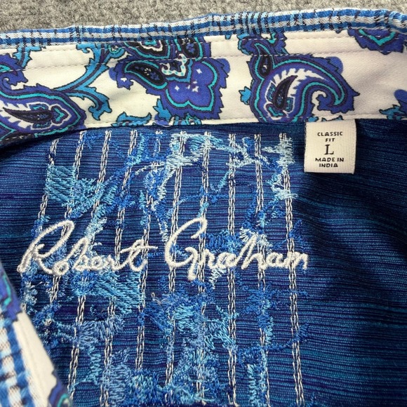Robert Graham Shirt Mens Large Blue Paisley Trim Classic Fit Button Down - Picture 3 of 11
